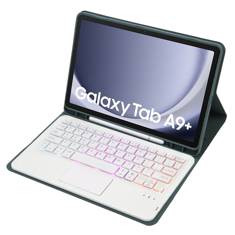 For Samsung Galaxy Tab A9+ X210/X215/X215 A09B-AS Candy Color Touch Backlight Bluetooth Keyboard Leather Tablet Case with Pen Holder(Dark Green)