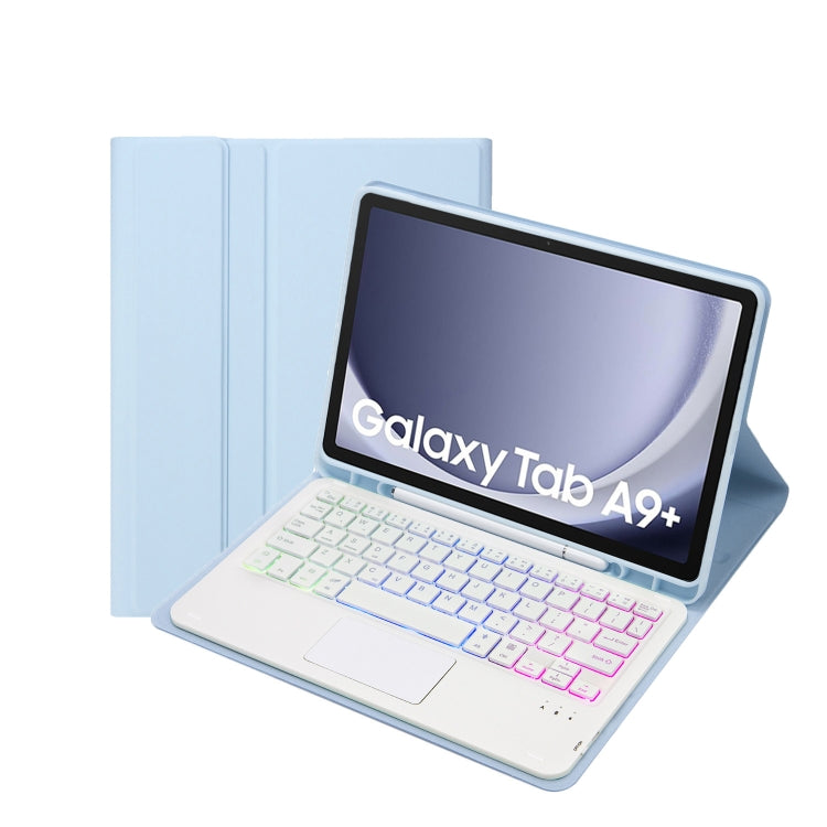 For Samsung Galaxy Tab A9+ X210/X215/X215 A09B-AS Candy Color Touch Backlight Bluetooth Keyboard Leather Tablet Case with Pen Holder(Ice Blue)