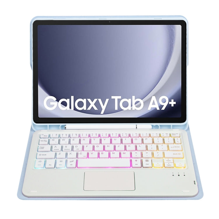 For Samsung Galaxy Tab A9+ X210/X215/X215 A09B-AS Candy Color Touch Backlight Bluetooth Keyboard Leather Tablet Case with Pen Holder(Ice Blue)