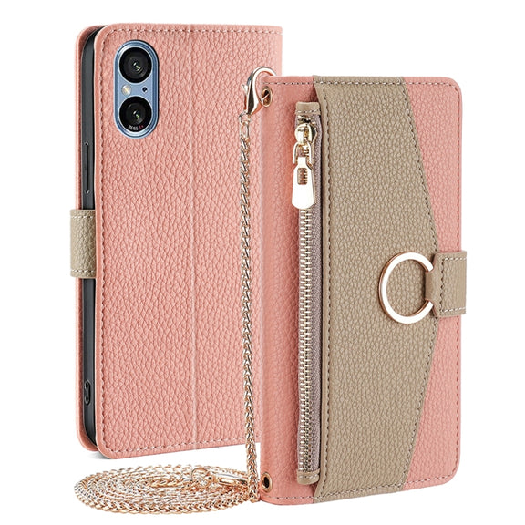 For Sony Xperia 5 V Crossbody Litchi Texture Leather Phone Case(Pink)