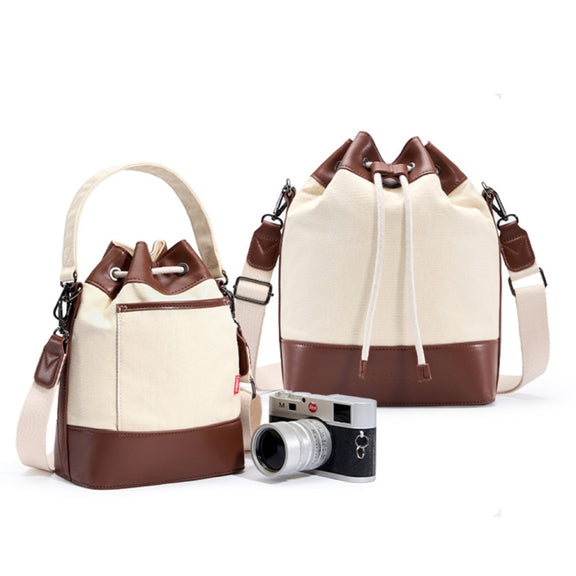 Cwatcun D100 Canvas PU Water-resistant Bundle Drawstring Lens Bag Crossbody Camera Bag, Size:20 x 11 x 26cm(Beige)