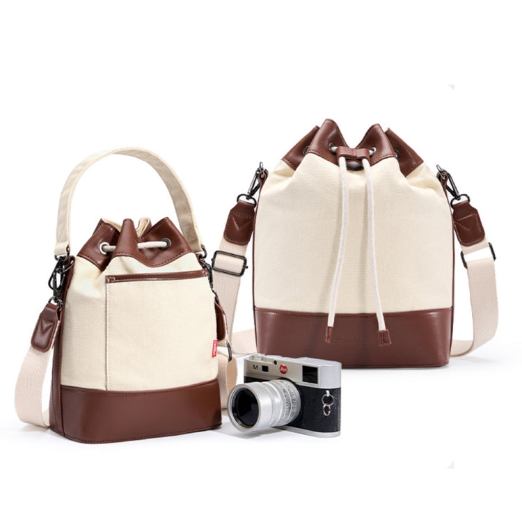 Cwatcun D100 Canvas PU Water-resistant Bundle Drawstring Lens Bag Crossbody Camera Bag, Size:22 x 12 x 31cm(Beige)