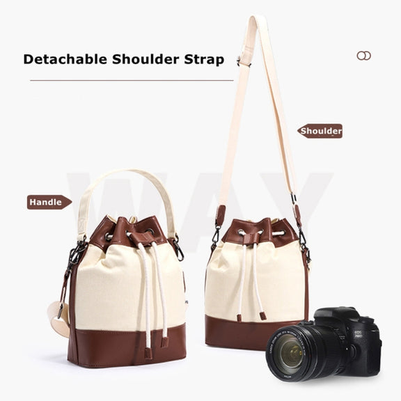 Cwatcun D100 Canvas PU Water-resistant Bundle Drawstring Lens Bag Crossbody Camera Bag, Size:22 x 12 x 31cm(Beige)