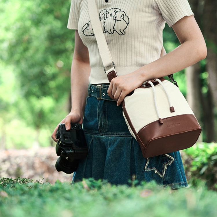 Cwatcun D100 Canvas PU Water-resistant Bundle Drawstring Lens Bag Crossbody Camera Bag, Size:22 x 12 x 31cm(Beige)
