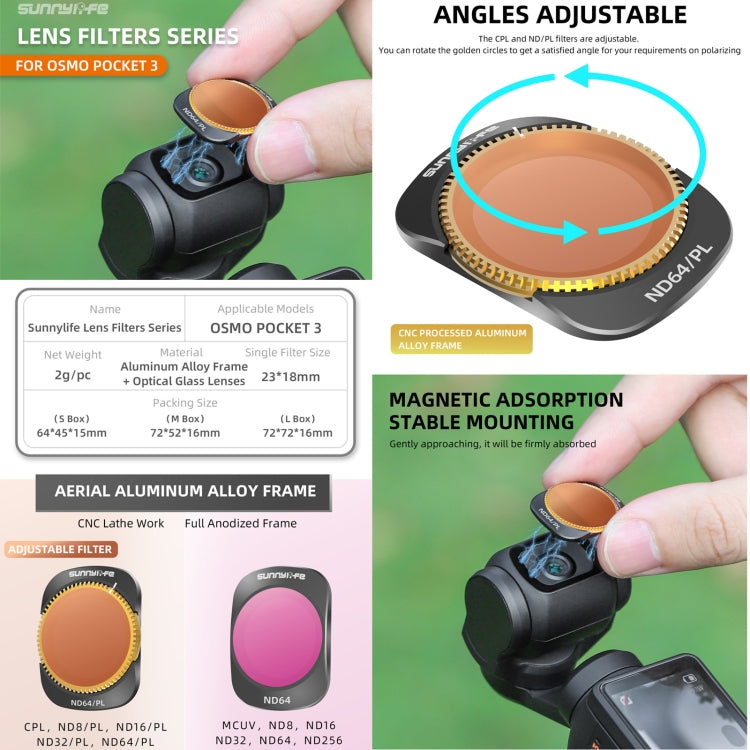 For DJI OSMO Pocket 3 Sunnylife Camera Lens Magnetic Metal Filter, Filter:4 in 1 MCUV CPL ND32/64