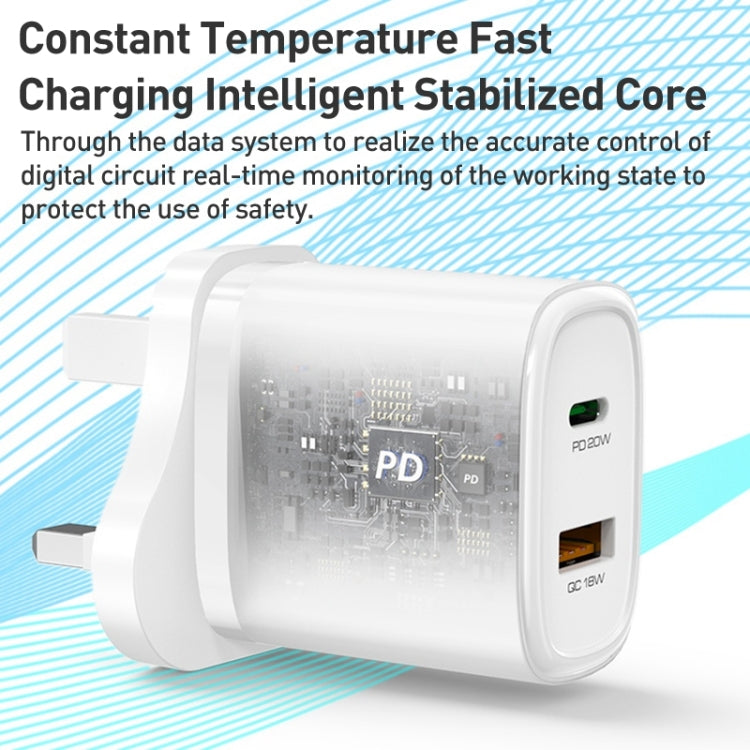 Yesido YC46 PD20W USB-C / Type-C + USB Travel Charger with 1m Type-C to 8 Pin Cable, UK Plug(White)