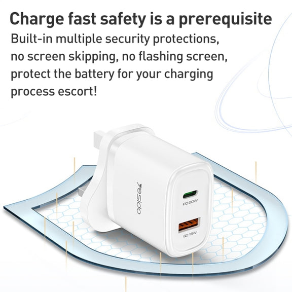 Yesido YC46 PD20W USB-C / Type-C + USB Travel Charger with 1m Type-C to 8 Pin Cable, UK Plug(Black)