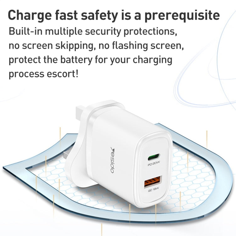 Yesido YC46 PD20W USB-C / Type-C + USB Travel Charger with 1m Type-C to 8 Pin Cable, UK Plug(White)