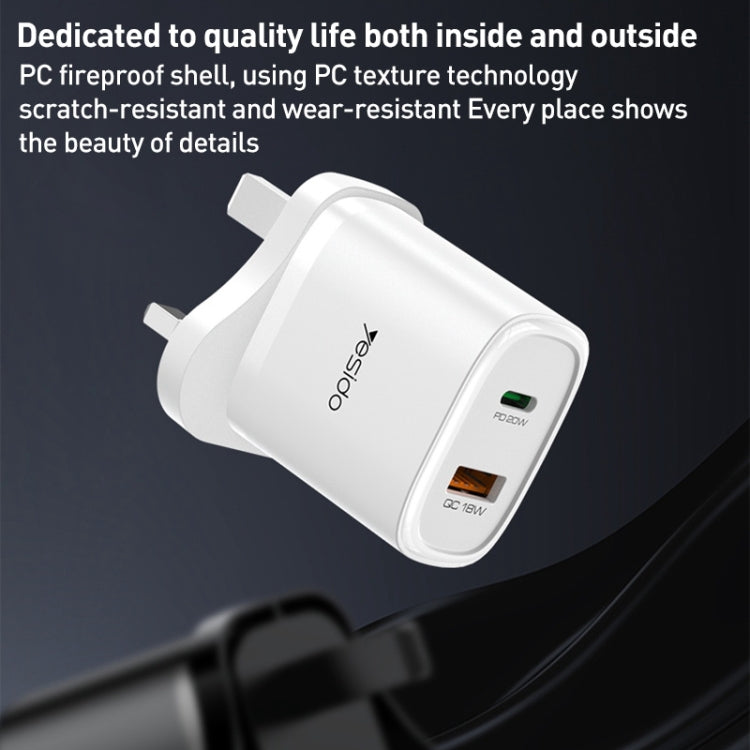 Yesido YC46 PD20W USB-C / Type-C + USB Travel Charger with 1m Type-C to 8 Pin Cable, UK Plug(White)