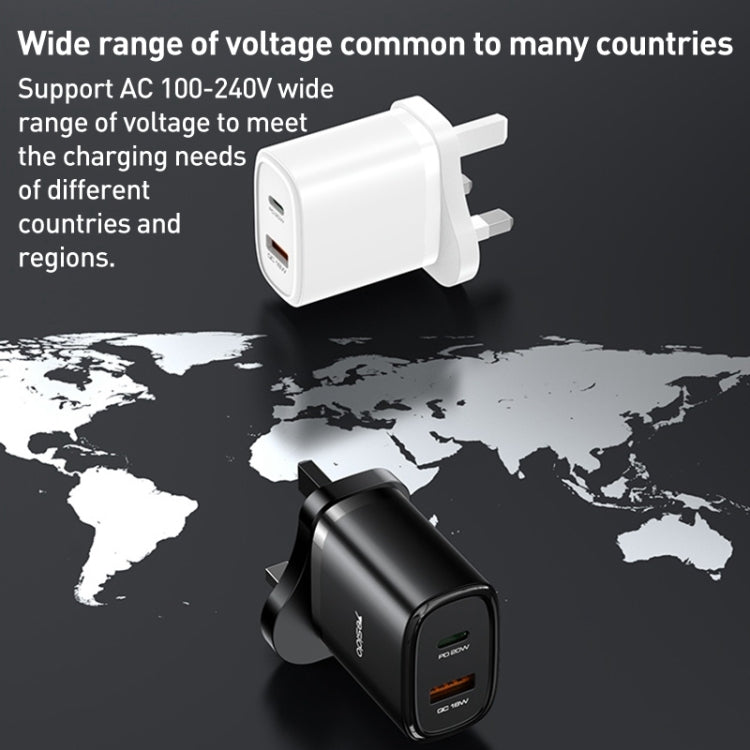 Yesido YC46 PD20W USB-C / Type-C + USB Travel Charger with 1m Type-C to 8 Pin Cable, UK Plug(White)