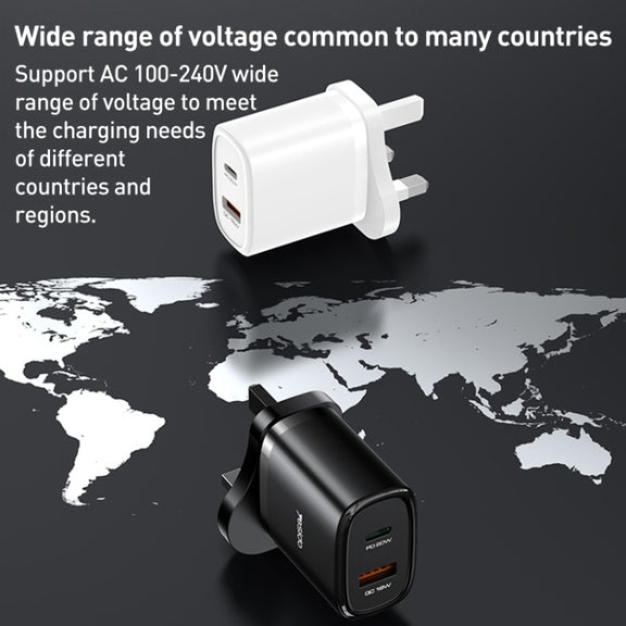 Yesido YC46 PD20W USB-C / Type-C + USB Travel Charger with 1m Type-C to 8 Pin Cable, UK Plug(Black)