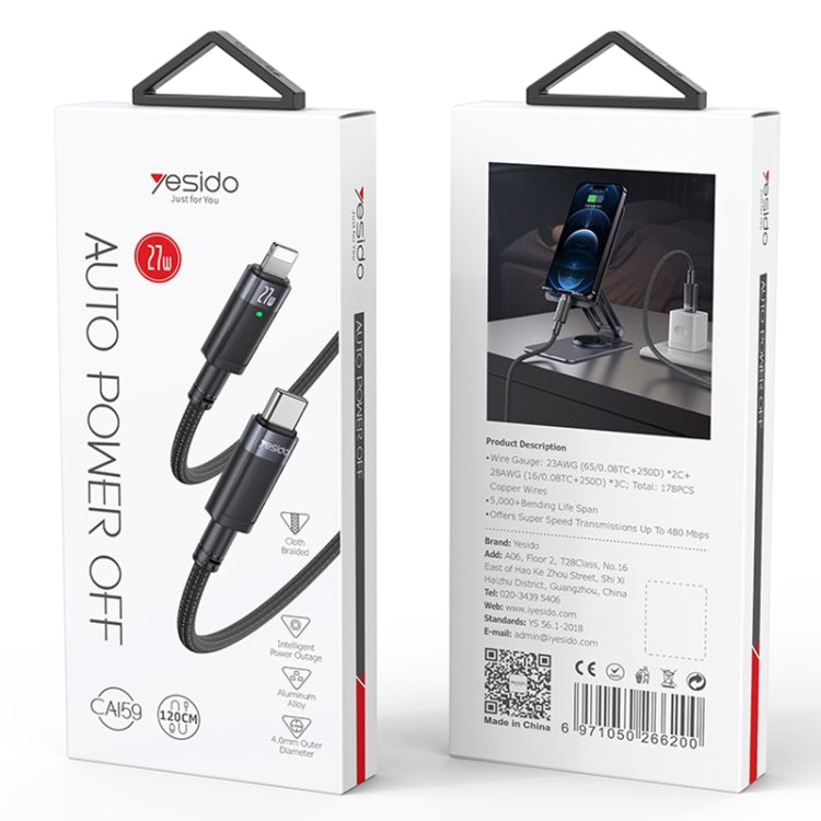 YESIDO CA159 1.2m 27W USB-C / Type-C to 8 Pin Auto Power-off Charging Cable(Black)