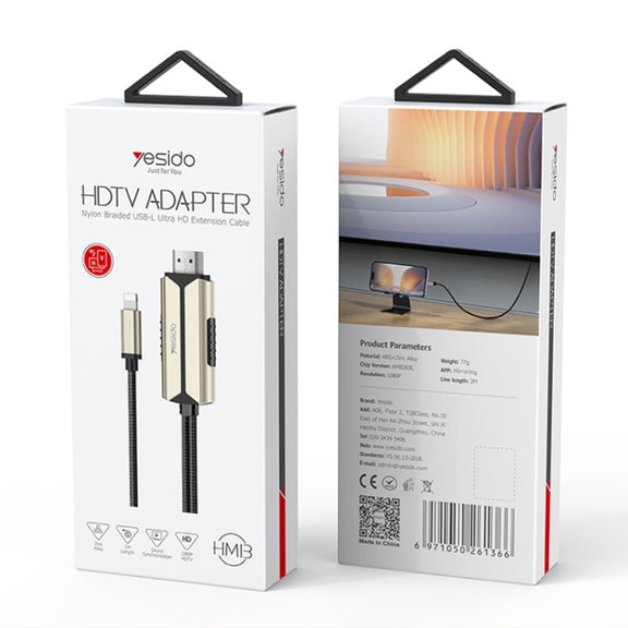 Yesido HM13 2m 8 Pin to HDMI 1080P HDTV Adapter Cable(Black+Gold)