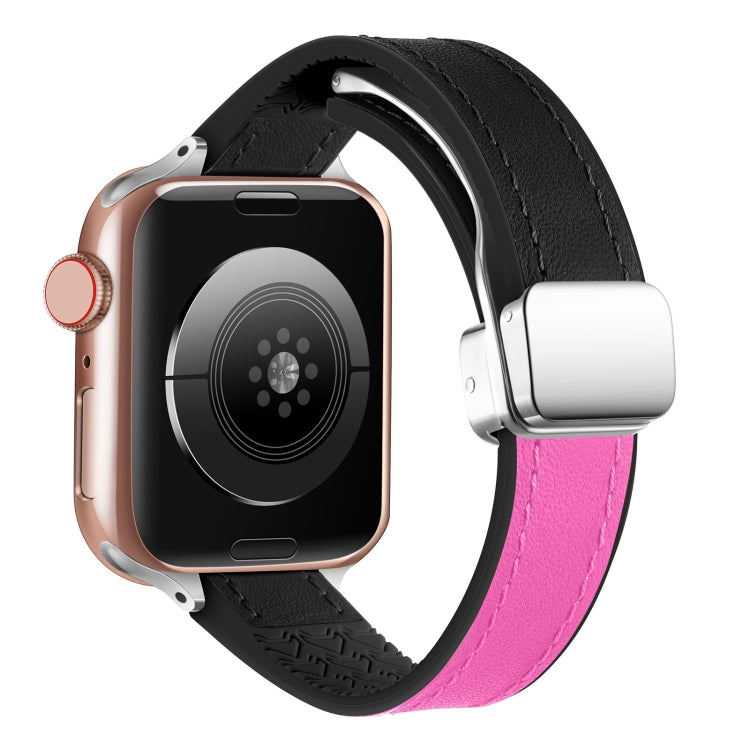 For Apple Watch Series 9 45mm Magnetic Folding Leather Silicone Watch Band(Black Rose Red)