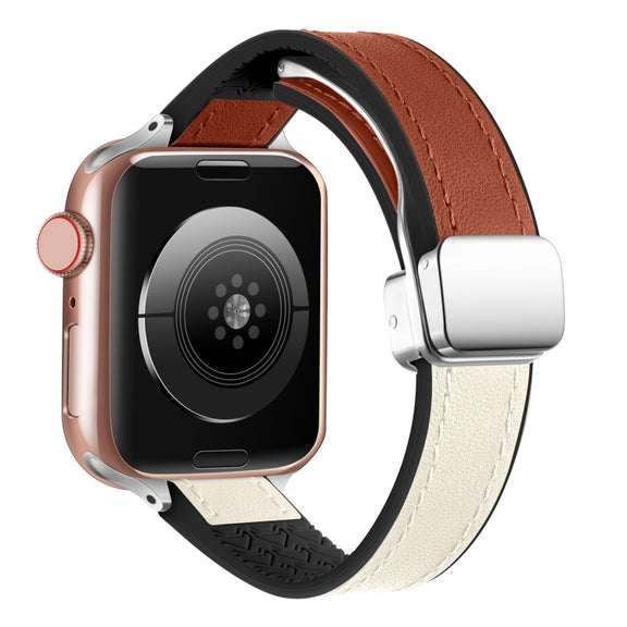 For Apple Watch Series 9 45mm Magnetic Folding Leather Silicone Watch Band(Starlight Brown)
