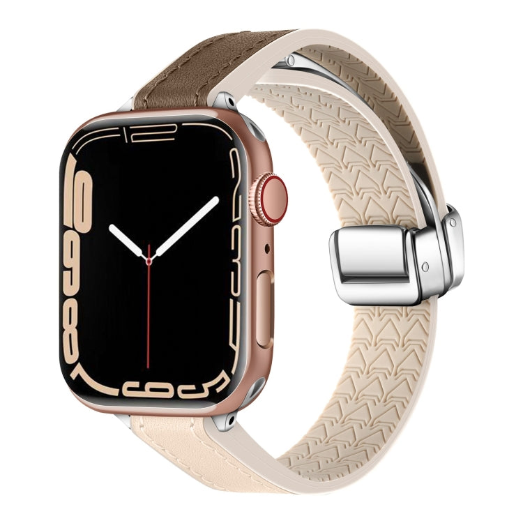For Apple Watch Series 9 45mm Magnetic Folding Leather Silicone Watch Band(Apricot Brown)