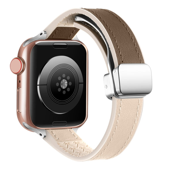 For Apple Watch Series 9 45mm Magnetic Folding Leather Silicone Watch Band(Apricot Brown)