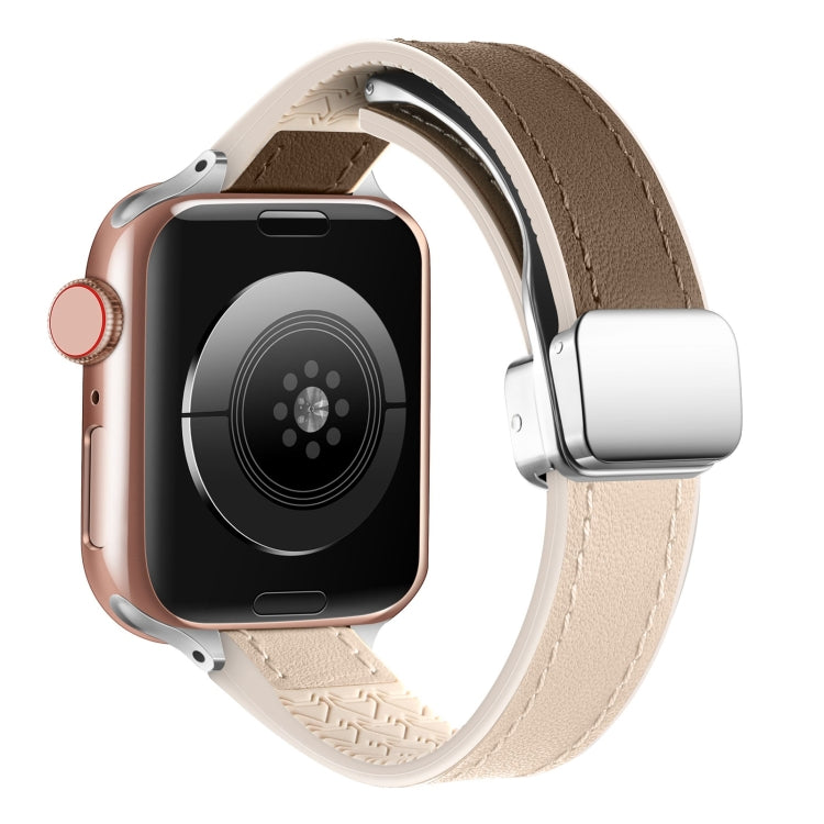 For Apple Watch Series 9 45mm Magnetic Folding Leather Silicone Watch Band(Apricot Brown)