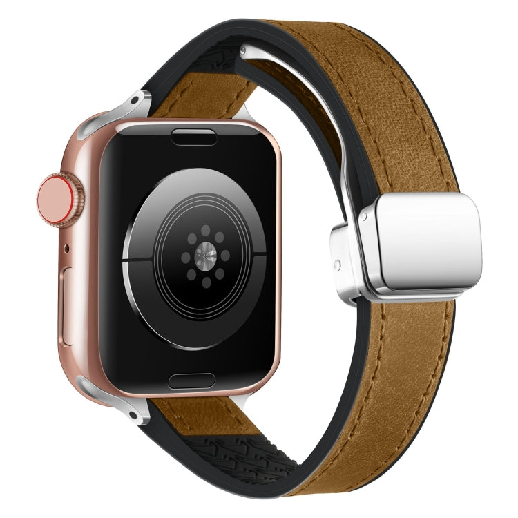 For Apple Watch Series 9 41mm Magnetic Folding Leather Silicone Watch Band(Crazy Horse Brown)