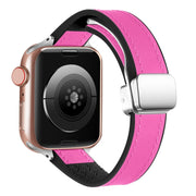 For Apple Watch Series 9 41mm Magnetic Folding Leather Silicone Watch Band(Rose Pink on Black)