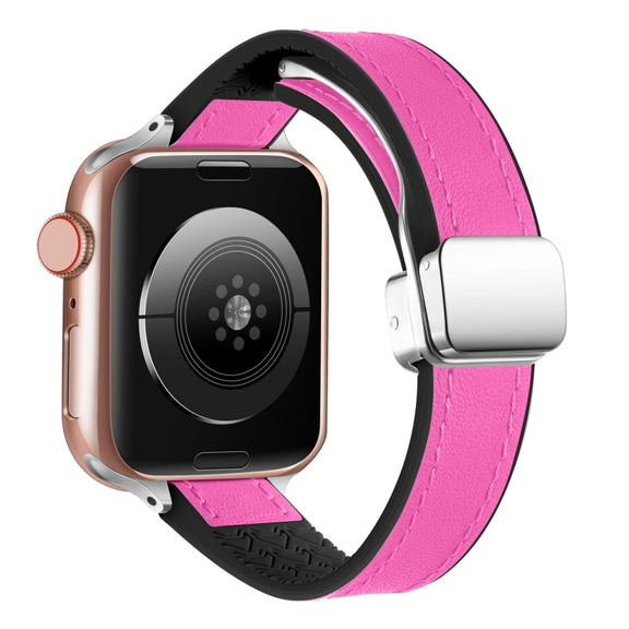 For Apple Watch Series 9 41mm Magnetic Folding Leather Silicone Watch Band(Rose Pink on Black)