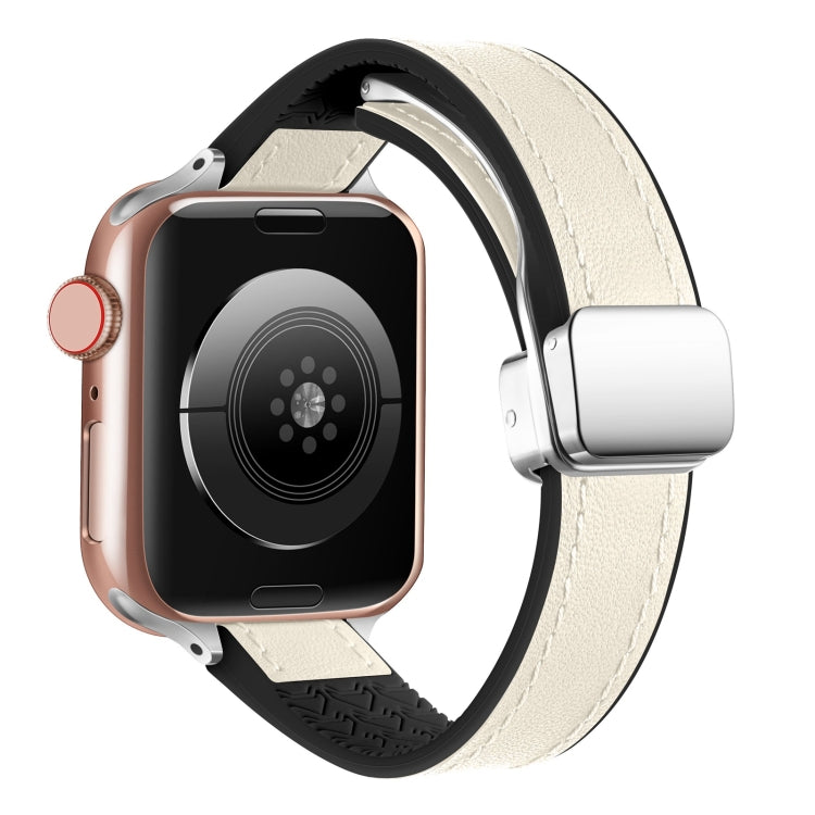 For Apple Watch Series 9 41mm Magnetic Folding Leather Silicone Watch Band(Starlight White)