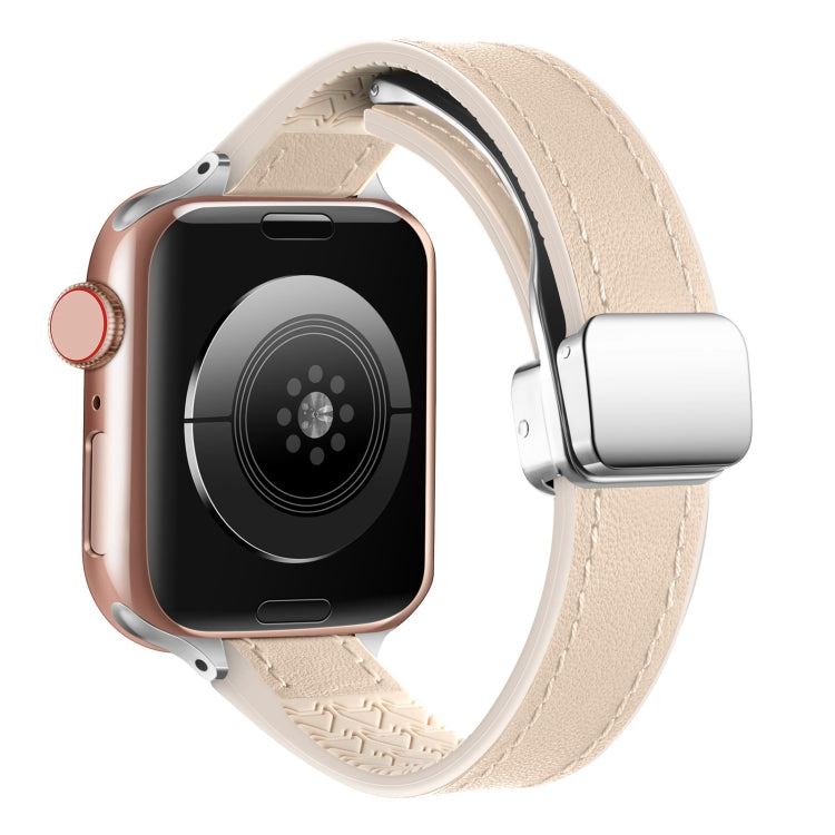 For Apple Watch Series 9 41mm Magnetic Folding Leather Silicone Watch Band(Apricot)