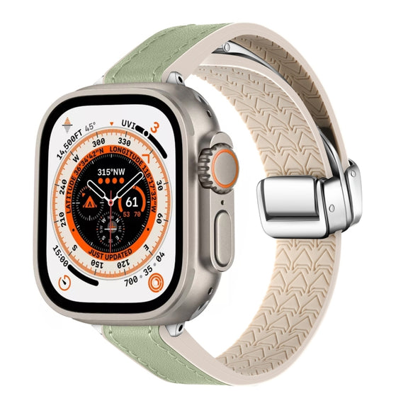 For Apple Watch Ultra 49mm Magnetic Folding Leather Silicone Watch Band(Grass Green)