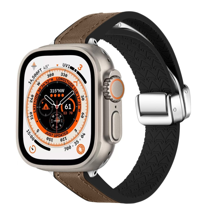 For Apple Watch Ultra 49mm Magnetic Folding Leather Silicone Watch Band(Dark Brown)