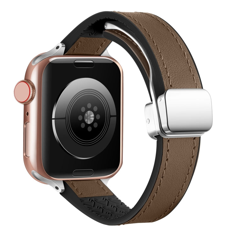 For Apple Watch Ultra 49mm Magnetic Folding Leather Silicone Watch Band(Dark Brown)