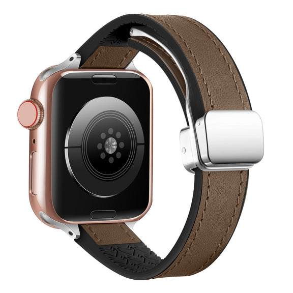 For Apple Watch Ultra 49mm Magnetic Folding Leather Silicone Watch Band(Dark Brown)