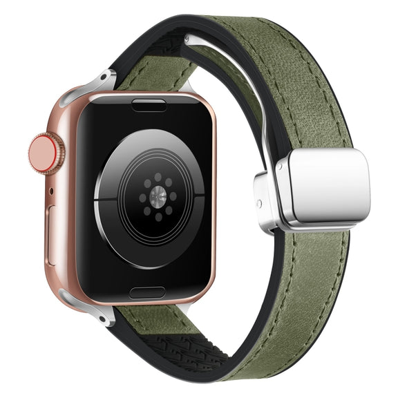For Apple Watch SE 2022 44mm Magnetic Folding Leather Silicone Watch Band(Crazy Horse Green)