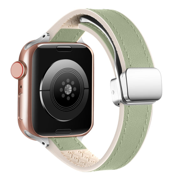 For Apple Watch Series 6 40mm Magnetic Folding Leather Silicone Watch Band(Grass Green)
