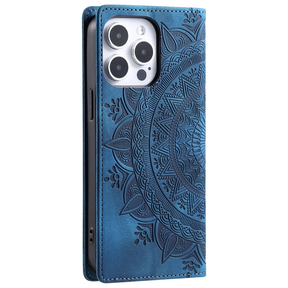 For iPhone 16 Pro Max Totem Embossed Magnetic Leather Phone Case(Blue)