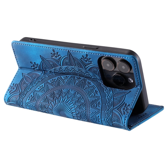 For iPhone 16 Pro Max Totem Embossed Magnetic Leather Phone Case(Blue)