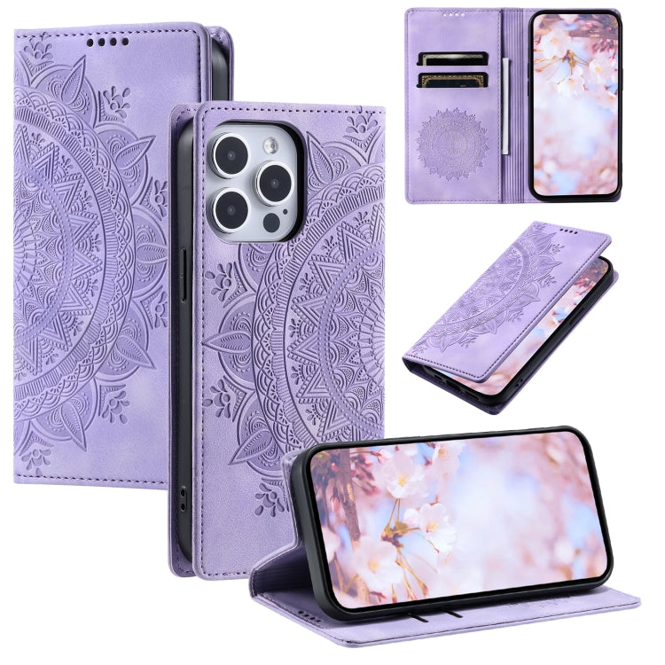 For iPhone 16 Pro Totem Embossed Magnetic Leather Phone Case(Purple)