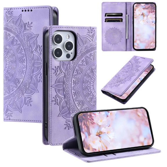 For iPhone 16 Pro Totem Embossed Magnetic Leather Phone Case(Purple)