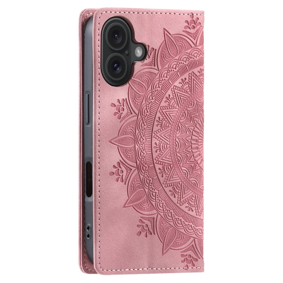 For iPhone 16 Plus Totem Embossed Magnetic Leather Phone Case(Rose Gold)