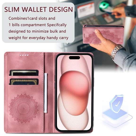 For iPhone 16 Plus Totem Embossed Magnetic Leather Phone Case(Rose Gold)