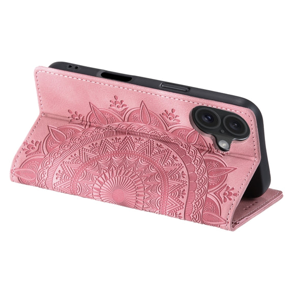 For iPhone 16 Plus Totem Embossed Magnetic Leather Phone Case(Rose Gold)