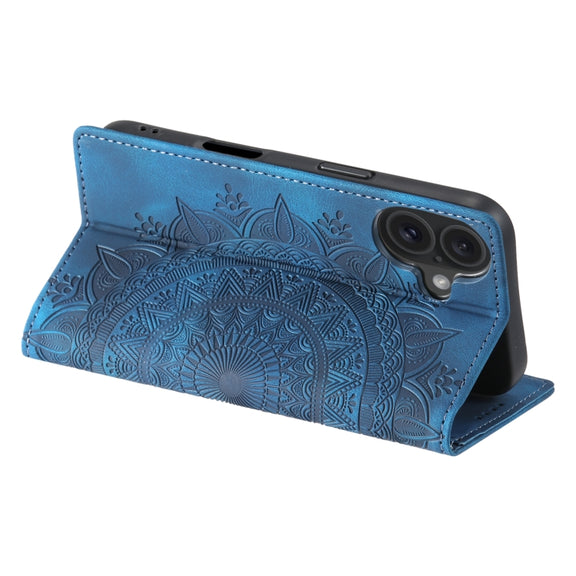For iPhone 16 Totem Embossed Magnetic Leather Phone Case(Blue)