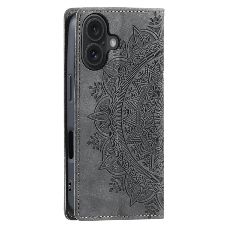 For iPhone 16 Totem Embossed Magnetic Leather Phone Case(Grey)