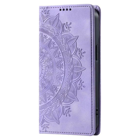 For iPhone 16 Totem Embossed Magnetic Leather Phone Case(Purple)