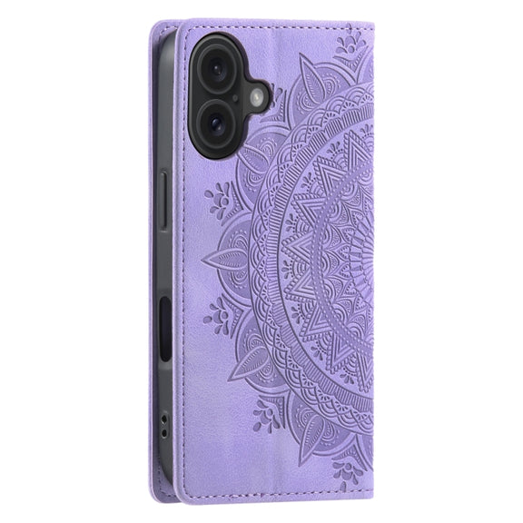 For iPhone 16 Totem Embossed Magnetic Leather Phone Case(Purple)