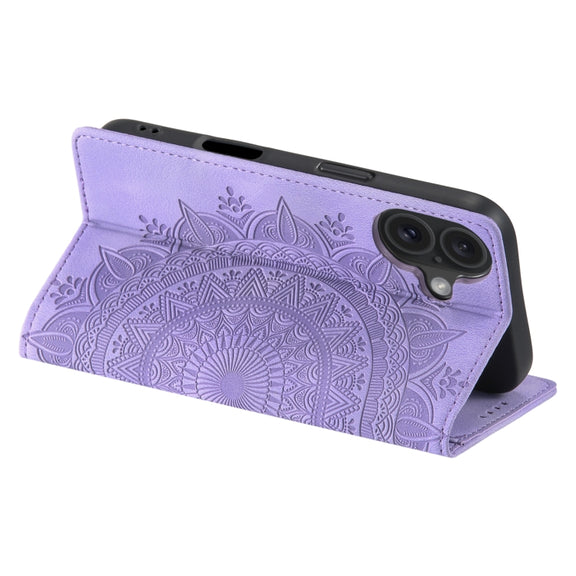 For iPhone 16 Totem Embossed Magnetic Leather Phone Case(Purple)