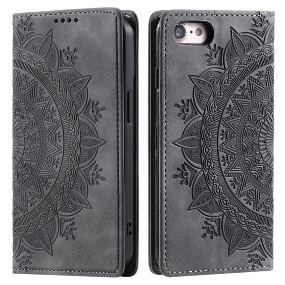 For iPhone 16e Totem Embossed Magnetic Leather Phone Case(Grey)