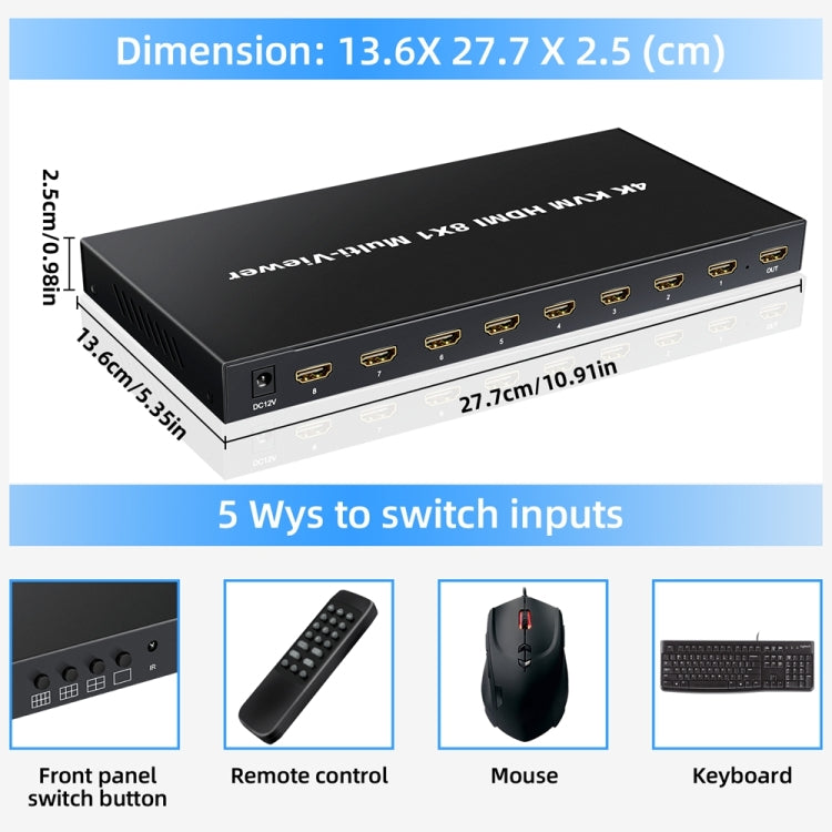 NK-E80 4K 30Hz 8 In 1 Out HDMI 8-way Screen Splitter KVM Switch(US Plug)