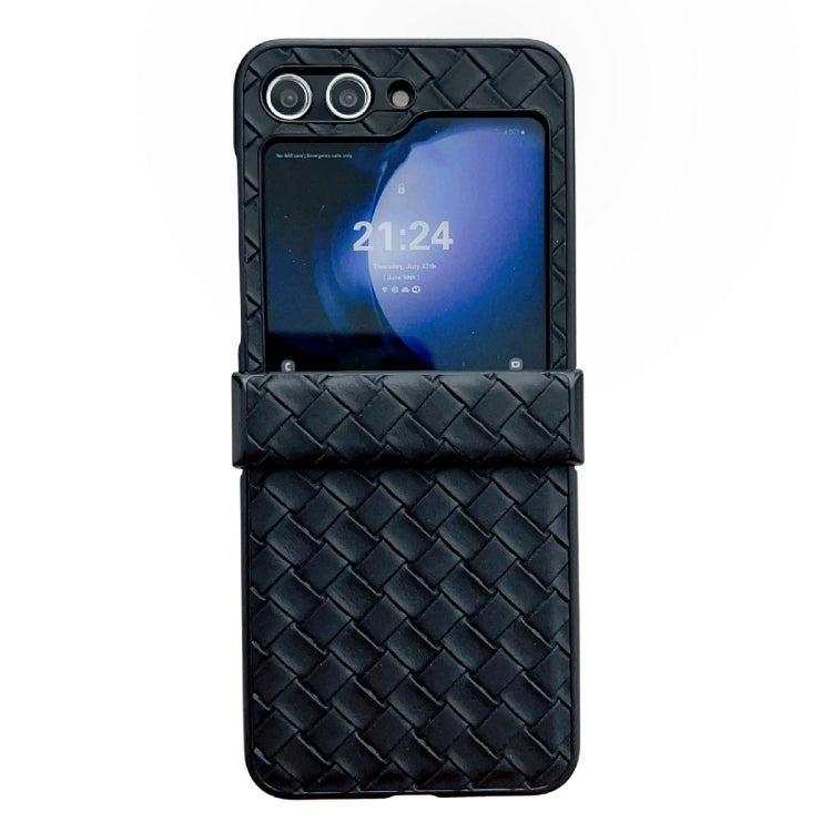 For Samsung Galaxy Z Flip5 Three-piece Set Woven Texture Folding PU Phone Case(Black)