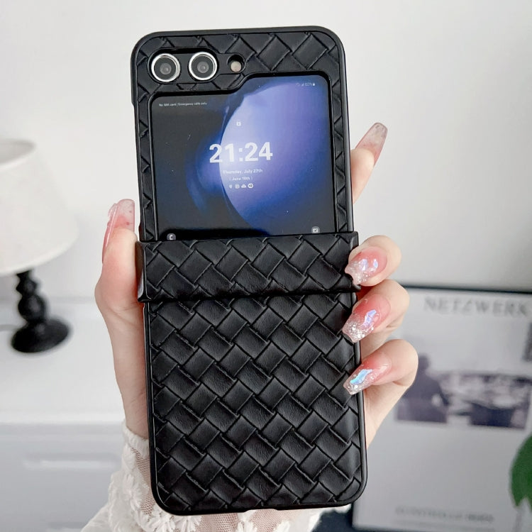 For Samsung Galaxy Z Flip5 Three-piece Set Woven Texture Folding PU Phone Case(Black)