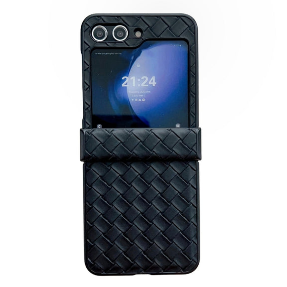 For Samsung Galaxy Z Flip5 Three-piece Set Woven Texture Folding PU Phone Case(Black)